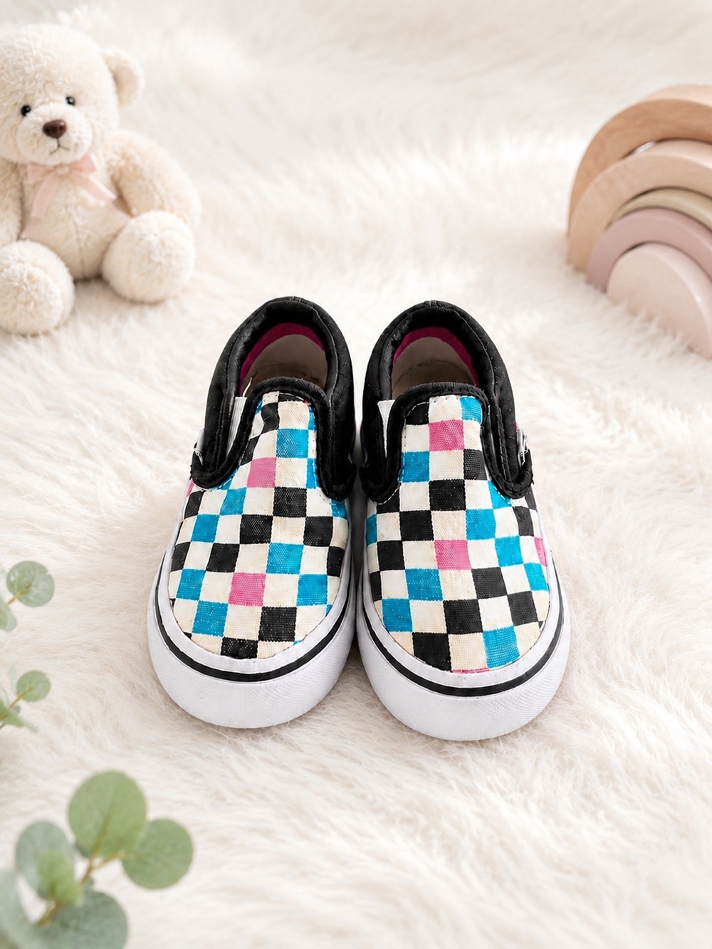 Vans Toddler Checkerboard Slip-On Shoes Blue Pink Black Size T5.5C